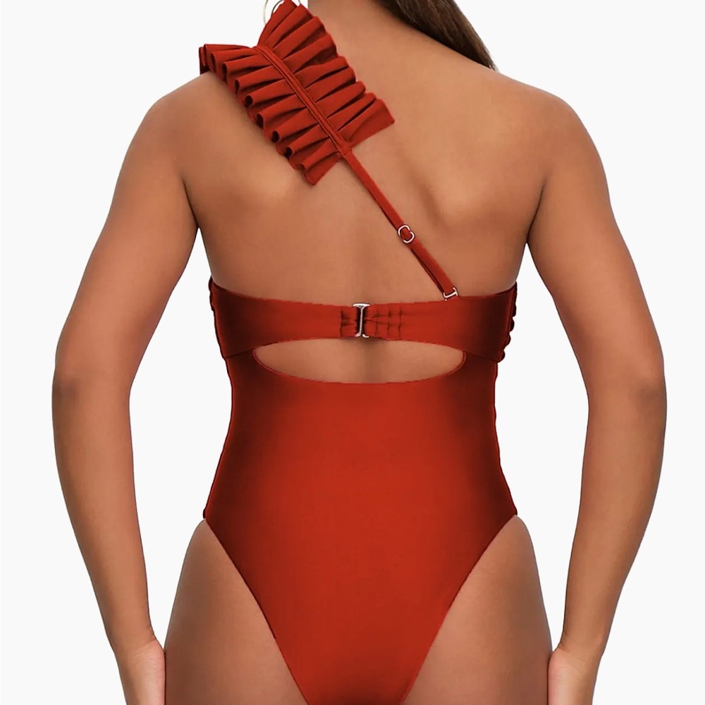 Andrea Iyamah Rust One-Shoulder Ruffle One Piece - Picture 4 of 7
